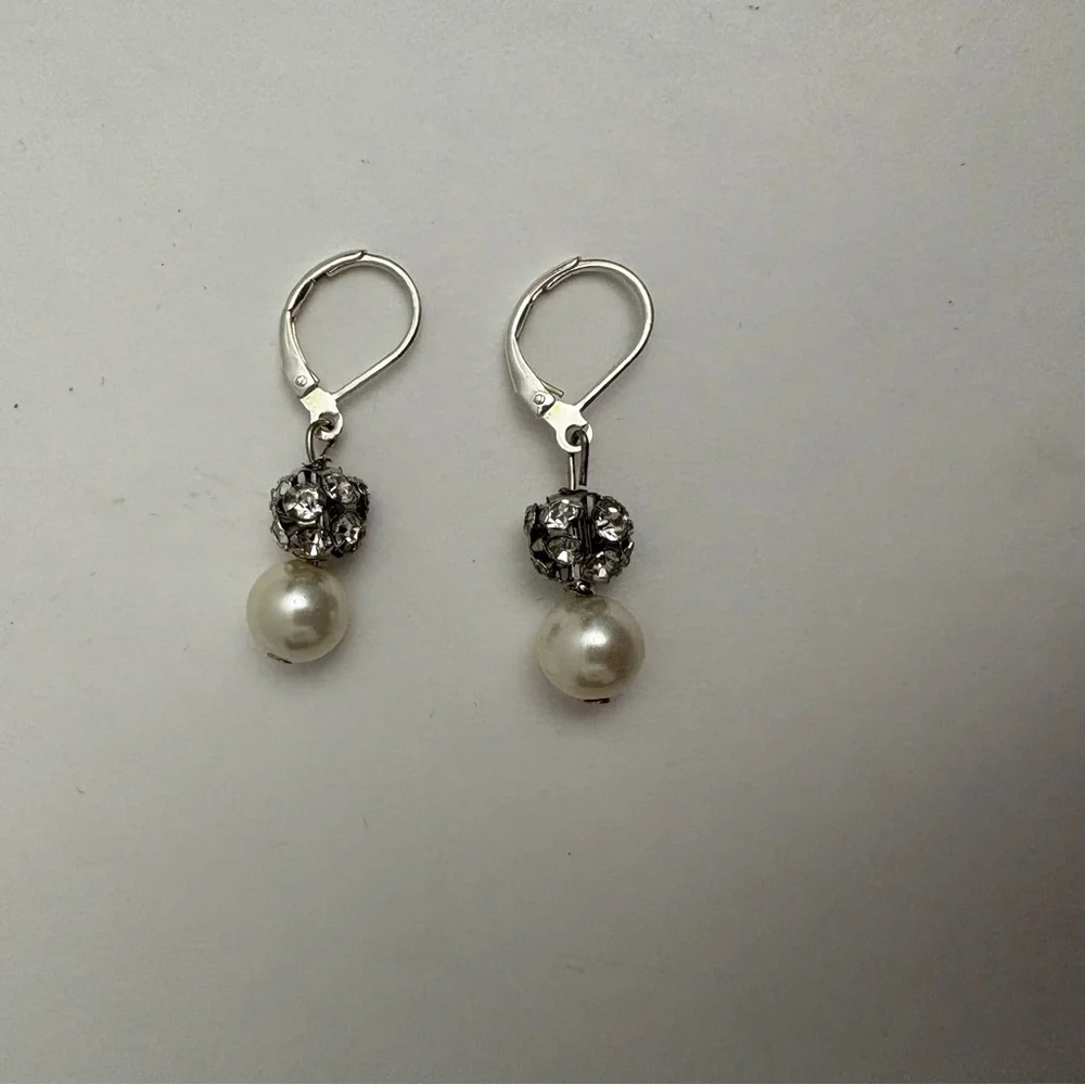 Elegant Silver and Pearl Drop Earrings, faux pearl, handmade, 1.5